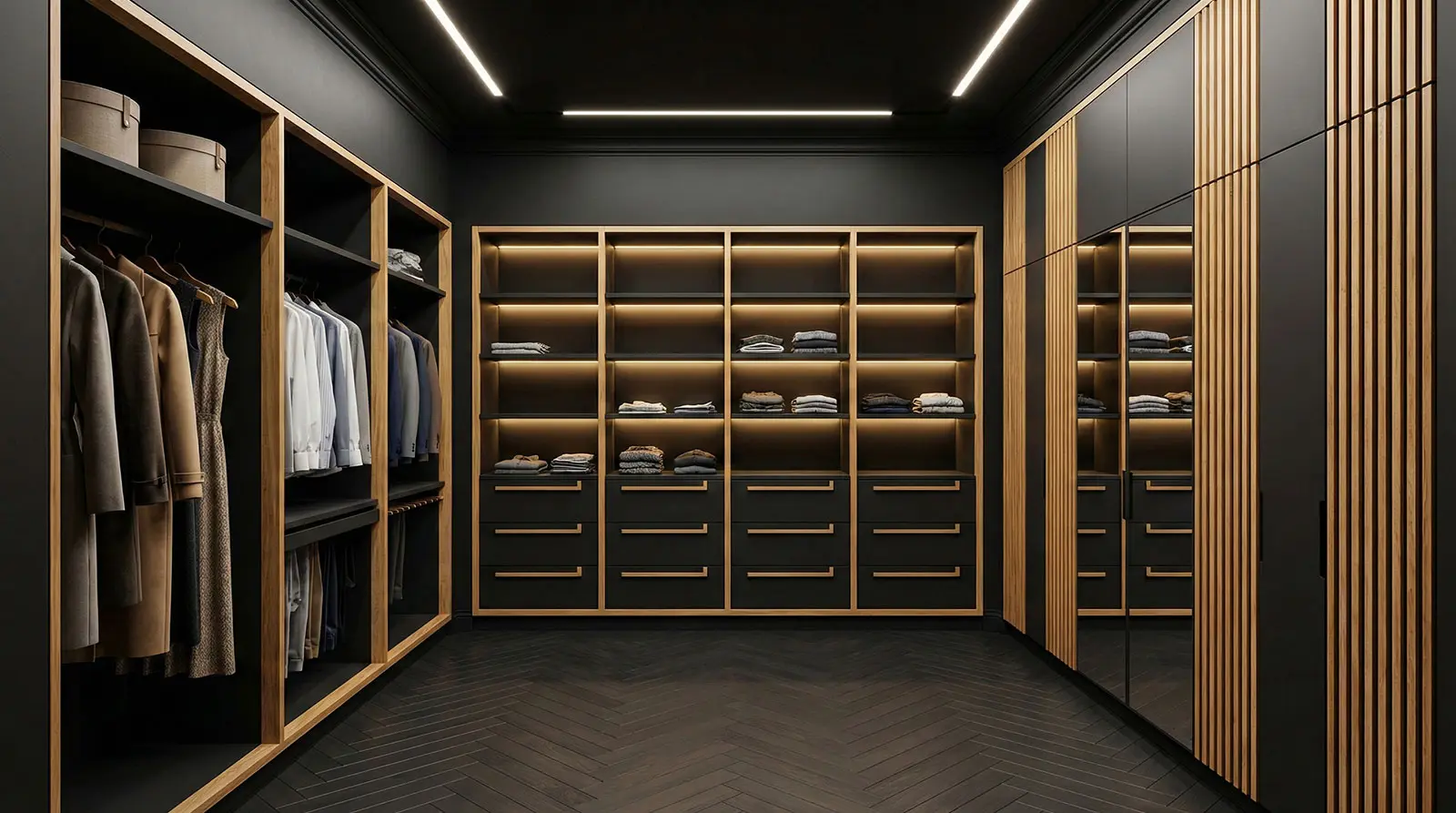 bespoke walk-in closet Tribeca NYC full view custom closets NYC with integrated high-CRI LED lighting and built-in wardrobe system