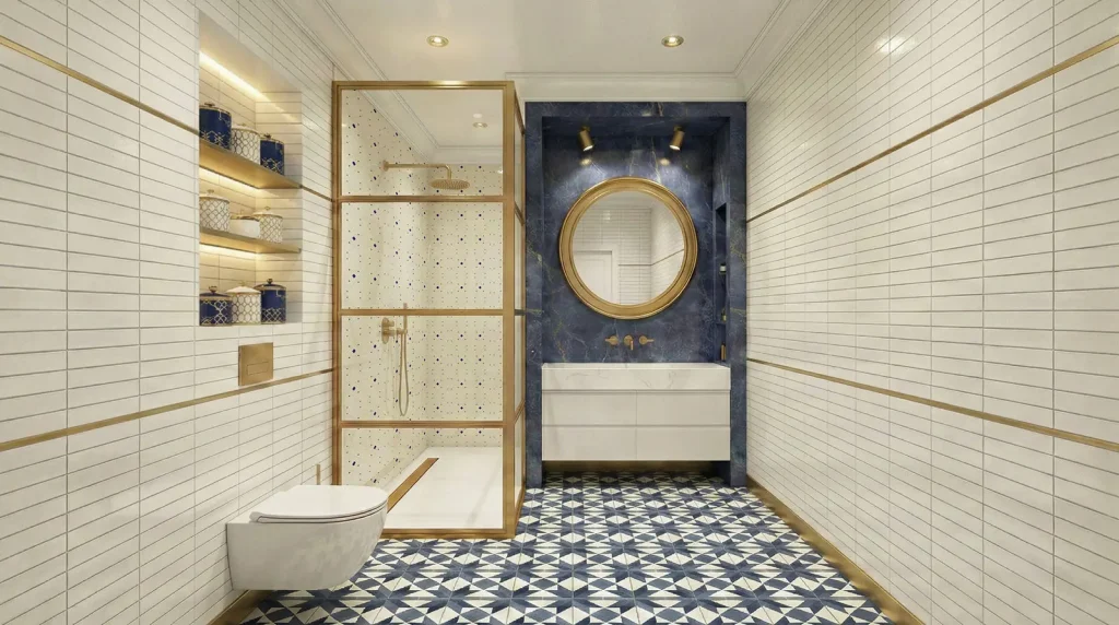 Brooklyn townhouse bathroom renovation with walk-in shower, Blue Sodalite feature wall and geometric tile flooring