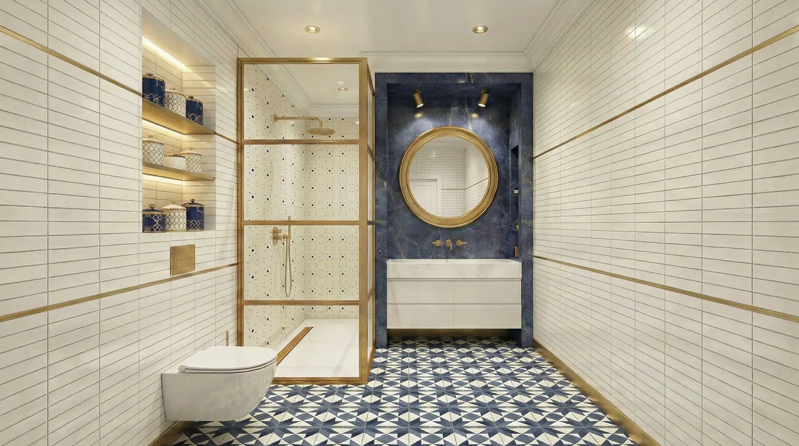 Brooklyn townhouse bathroom renovation with walk-in shower, Blue Sodalite feature wall and geometric tile flooring
