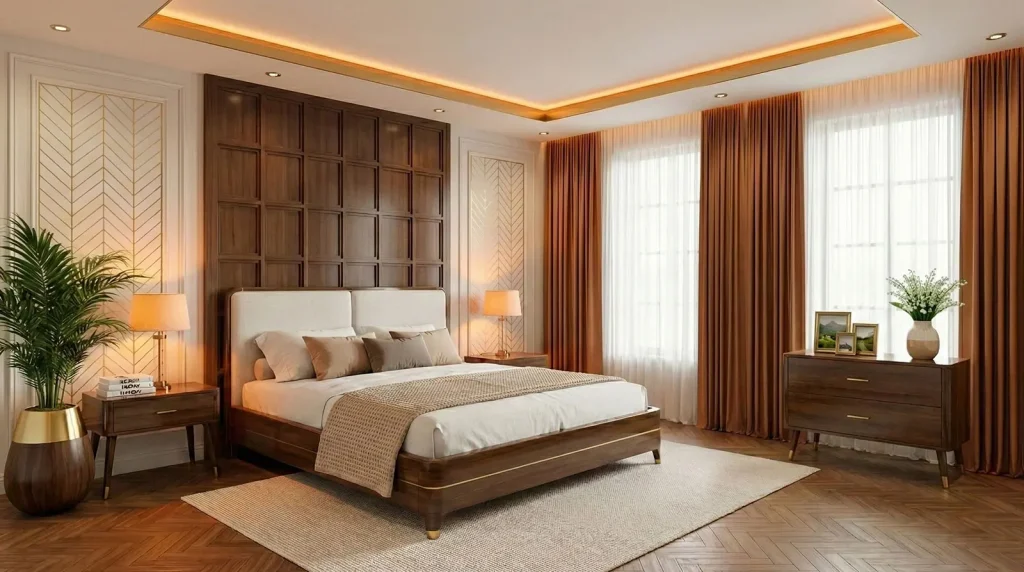 Custom millwork Upper East Side NYC bedroom with walnut bed, geometric wall panels and modern colonial design