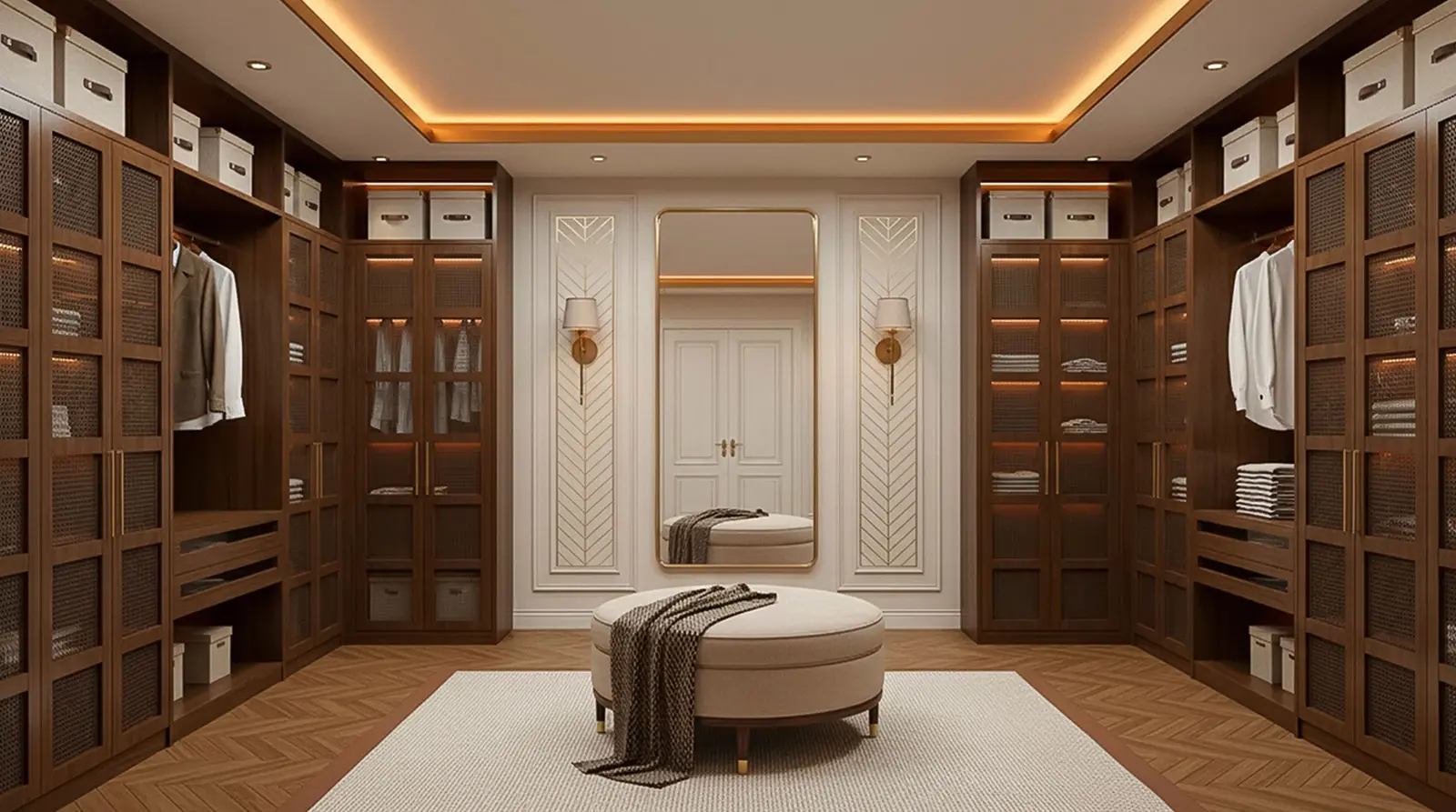 Walk-in closet NYC with custom walnut millwork and integrated storage in Upper East Side apartment