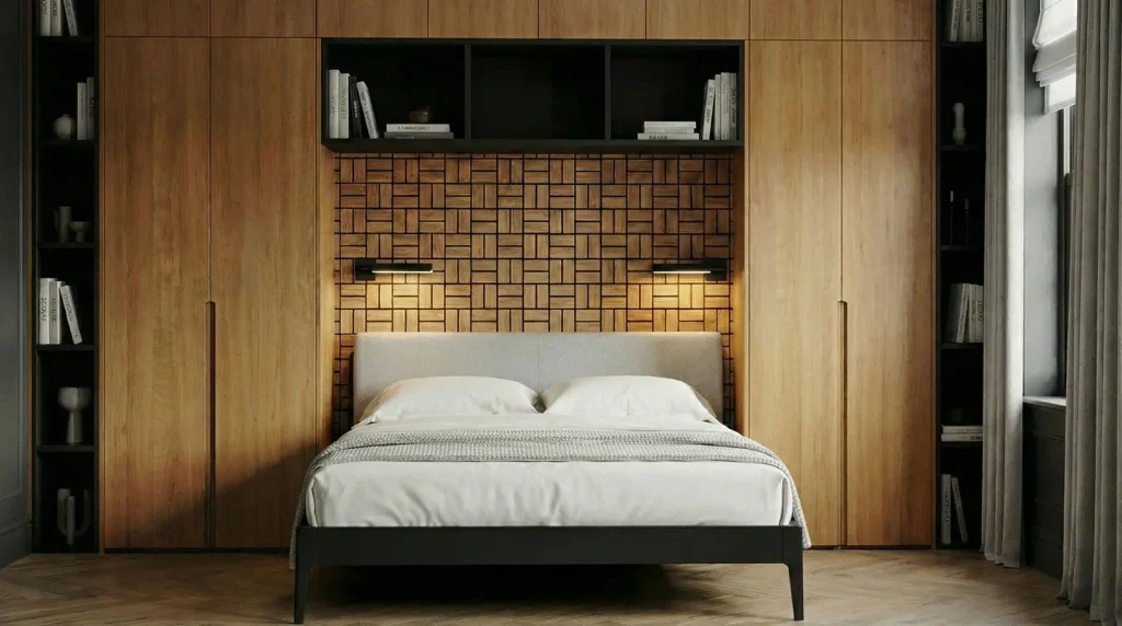 Luxury bedroom in a Financial District loft renovation NYC with bespoke oak headboard wall and custom cabinetry
