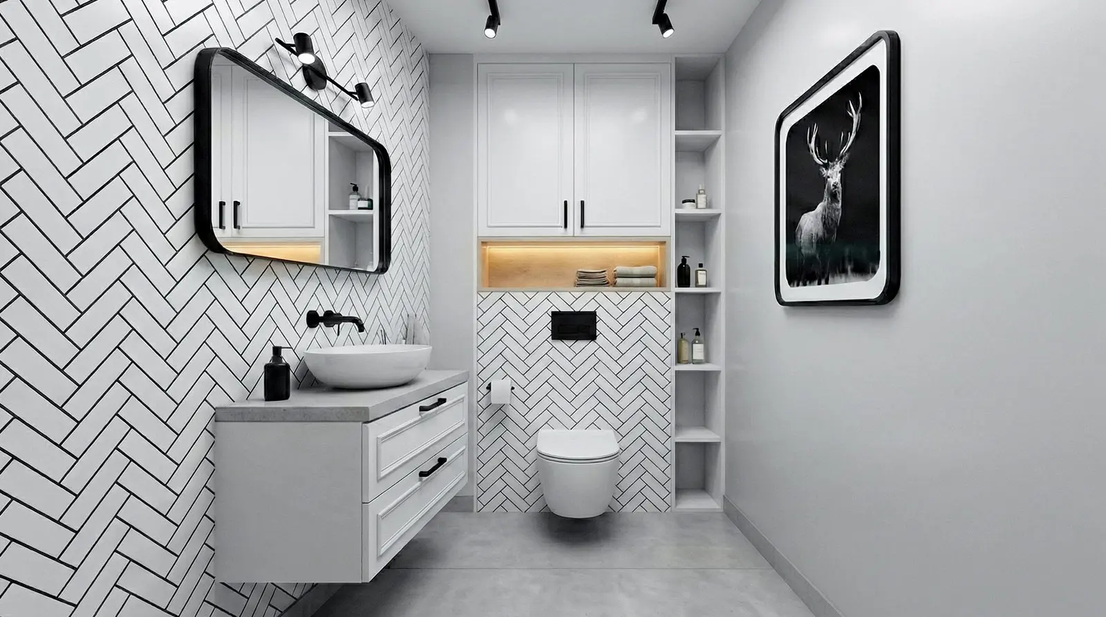 powder room renovation Financial District NYC with white herringbone tiles, floating vanity and matte black fixtures