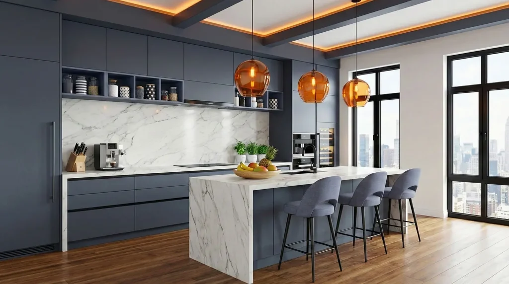 high-rise kitchen renovation Manhattan with marble island, matte grey-blue cabinetry and pendant lighting in Midtown NYC