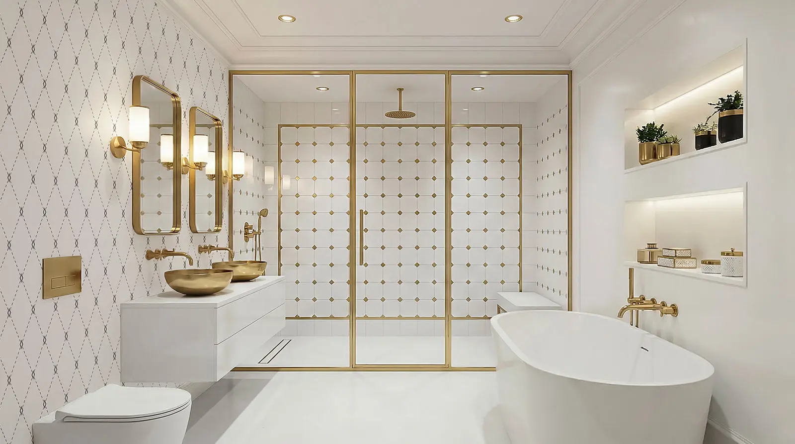 Luxury bathroom renovation Tribeca NYC with white and gold finishes, freestanding tub, walk-in shower, and custom double vanity in a high-end condo