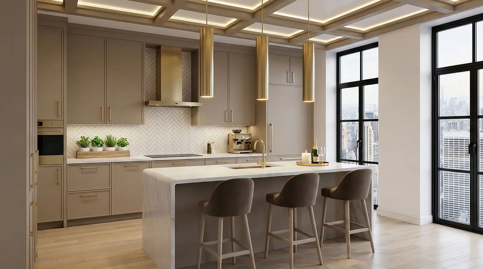 midtown east kitchen renovation nyc luxury high-rise kitchen with marble island brass accents and skyline view at 100 united nations plaza