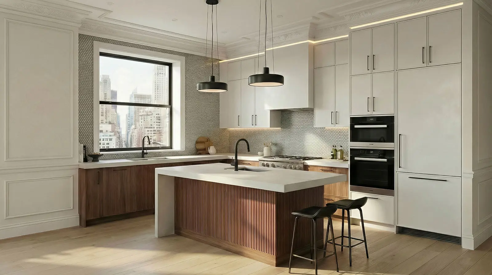 Modern apartment renovation NoMad NYC kitchen with central island, custom millwork NYC and integrated lighting