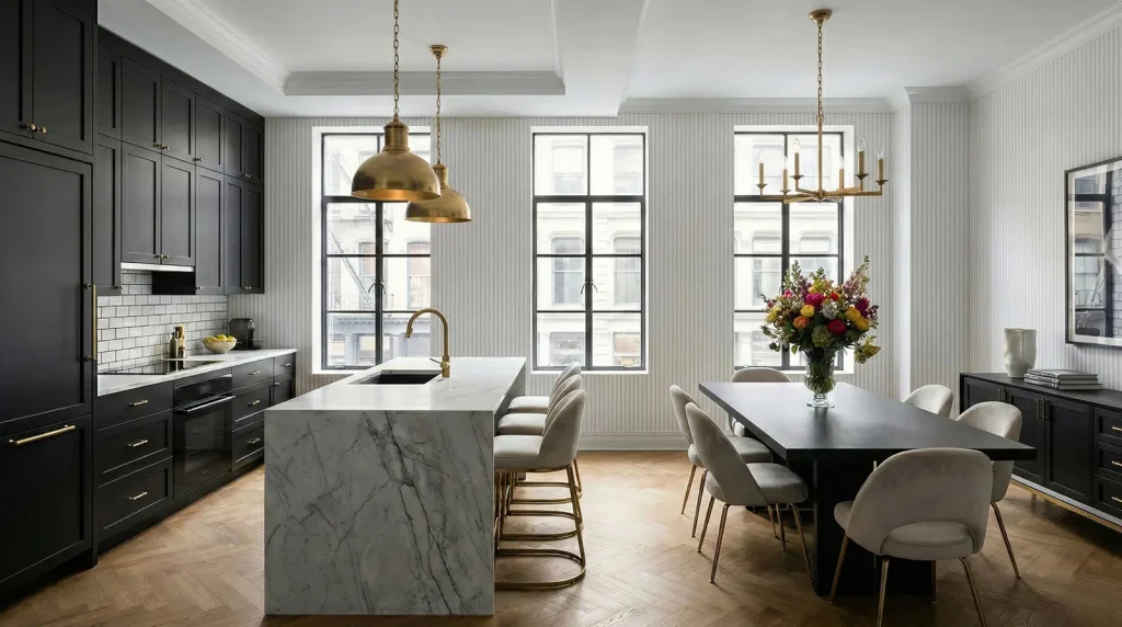 modern kitchen renovation SoHo NYC with marble island black oak cabinetry dining table and minimalist interior design