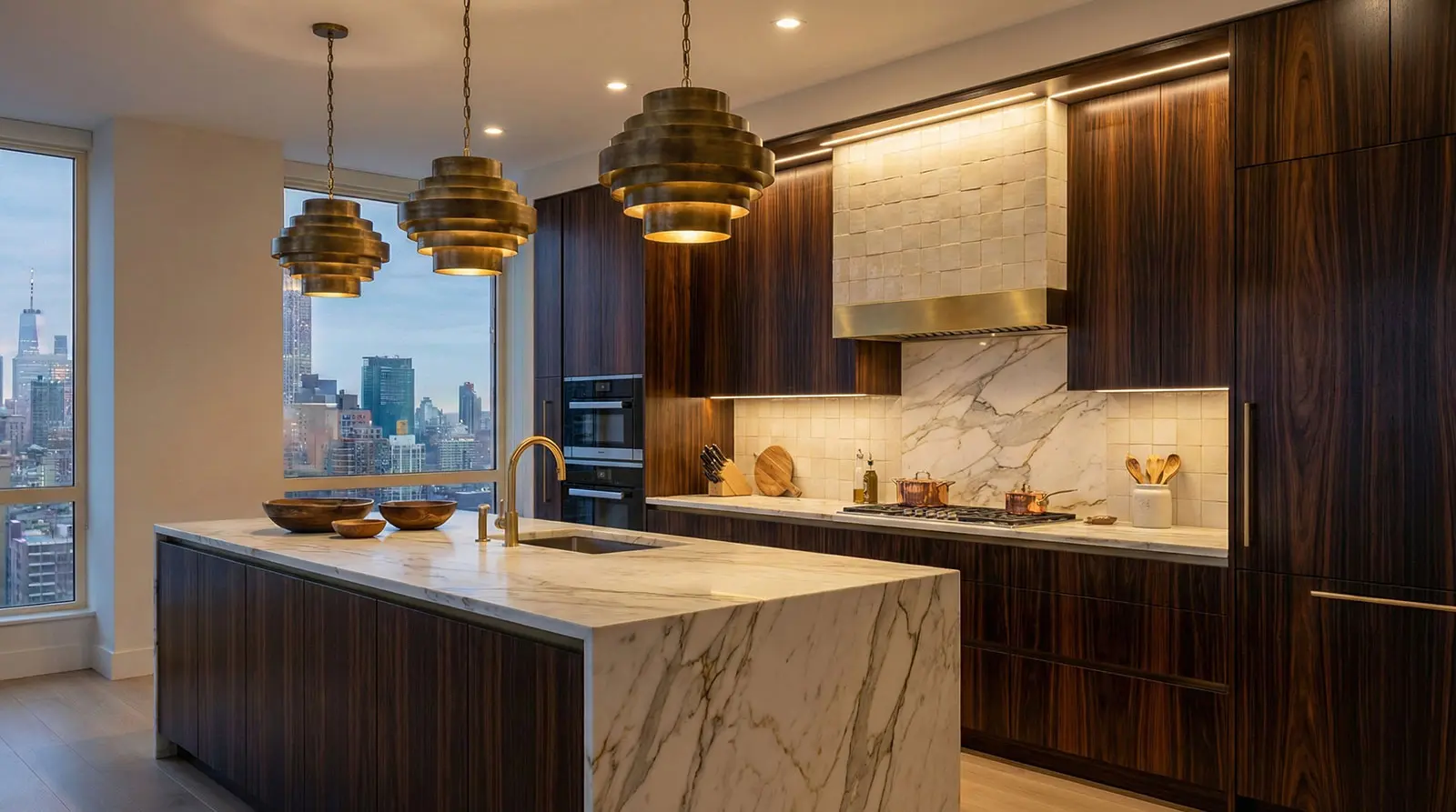 Open concept kitchen renovation NYC featuring marble island and city views in luxury Manhattan apartment