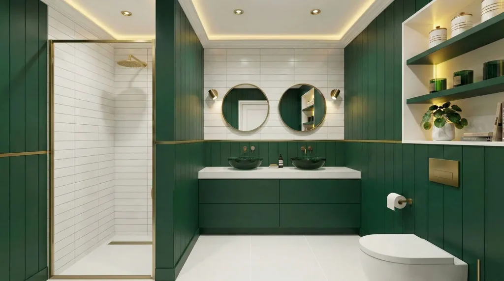 Pre-war bathroom renovation Upper East Side with emerald custom millwork, double vanity and walk-in shower in Manhattan co-op