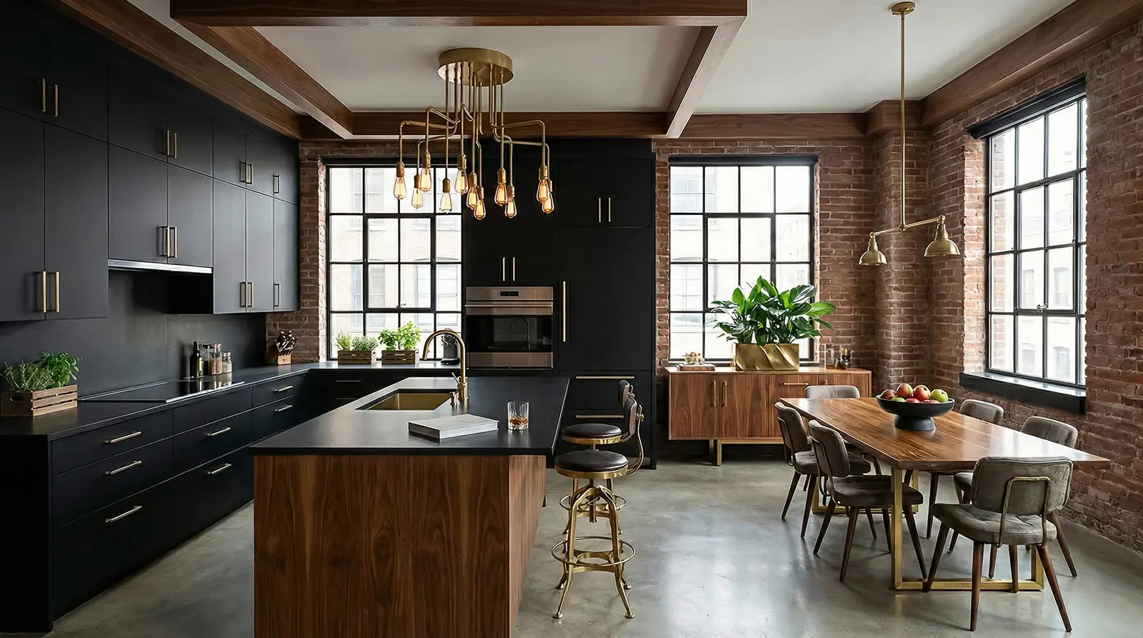 SoHo loft kitchen renovation NYC full view industrial kitchen with walnut island exposed brick and open dining space