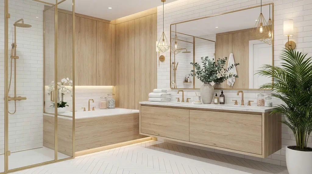 tribeca loft bathroom renovation nyc modern organic bathroom with bespoke millwork and walk-in shower