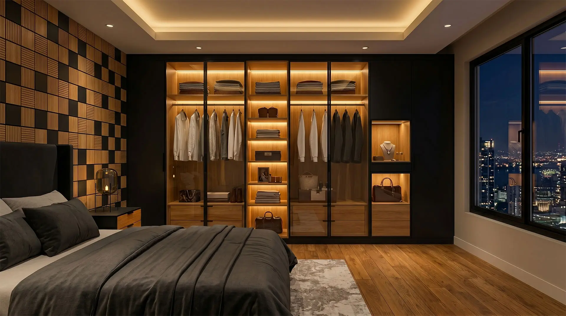 Bespoke millwork NYC bedroom with custom built-in wardrobe, integrated lighting, and tailored cabinetry designed for a Manhattan apartment