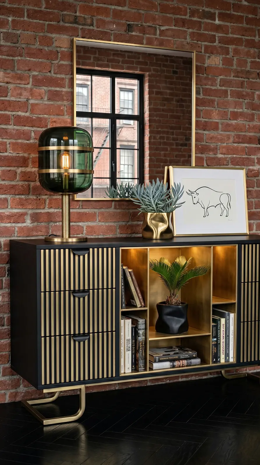 Bespoke millwork NYC custom sideboard cabinet with solid wood construction, integrated shelving, and refined detailing against a brick wall interior