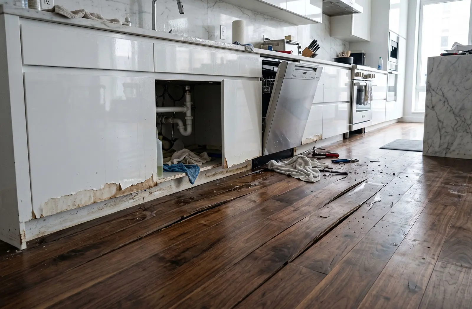 Water damage restoration NYC for kitchen floors and cabinets ruined by a dishwasher leak.
