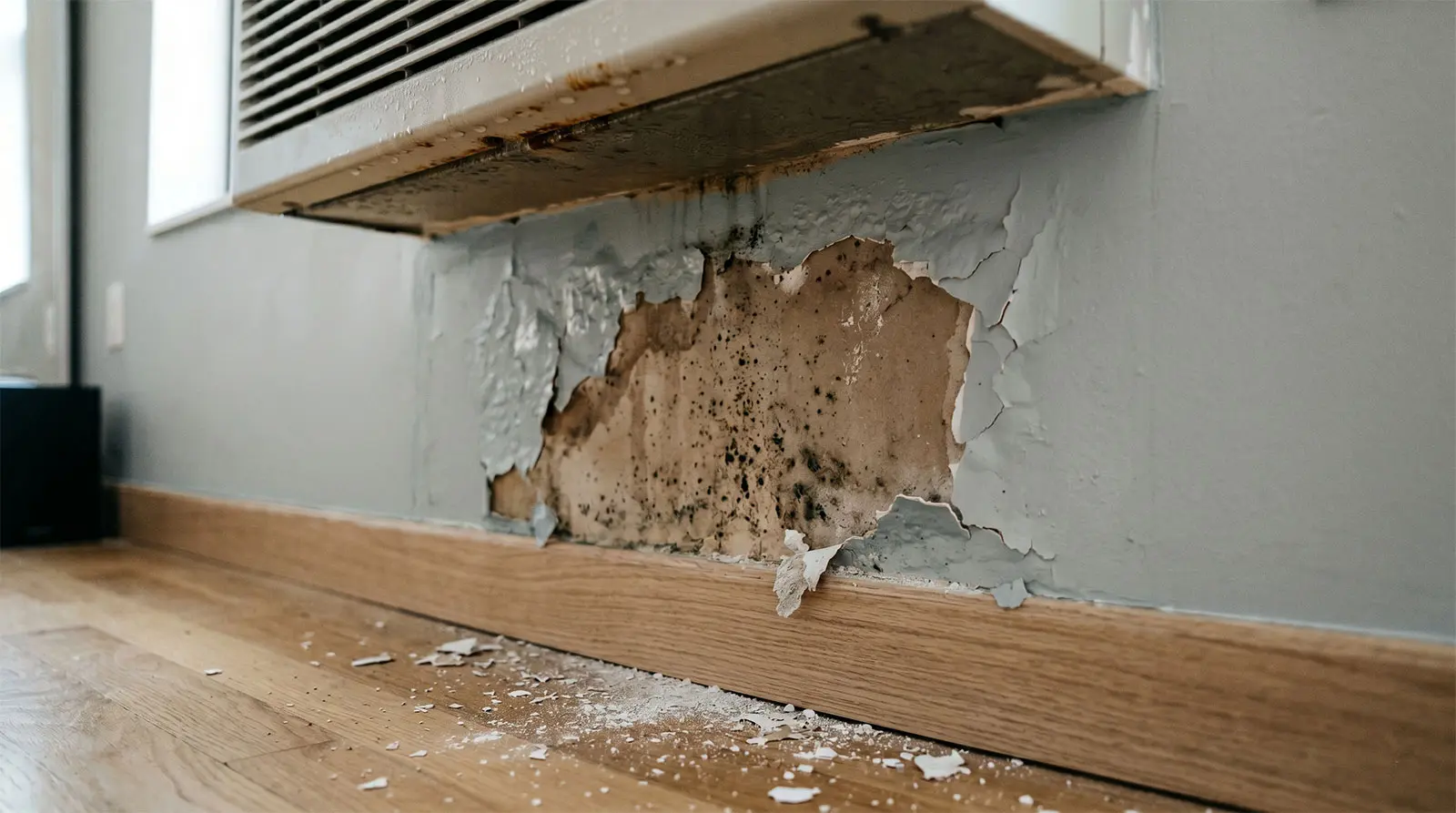 Structural water damage repair NYC for moldy drywall and leaking AC units.