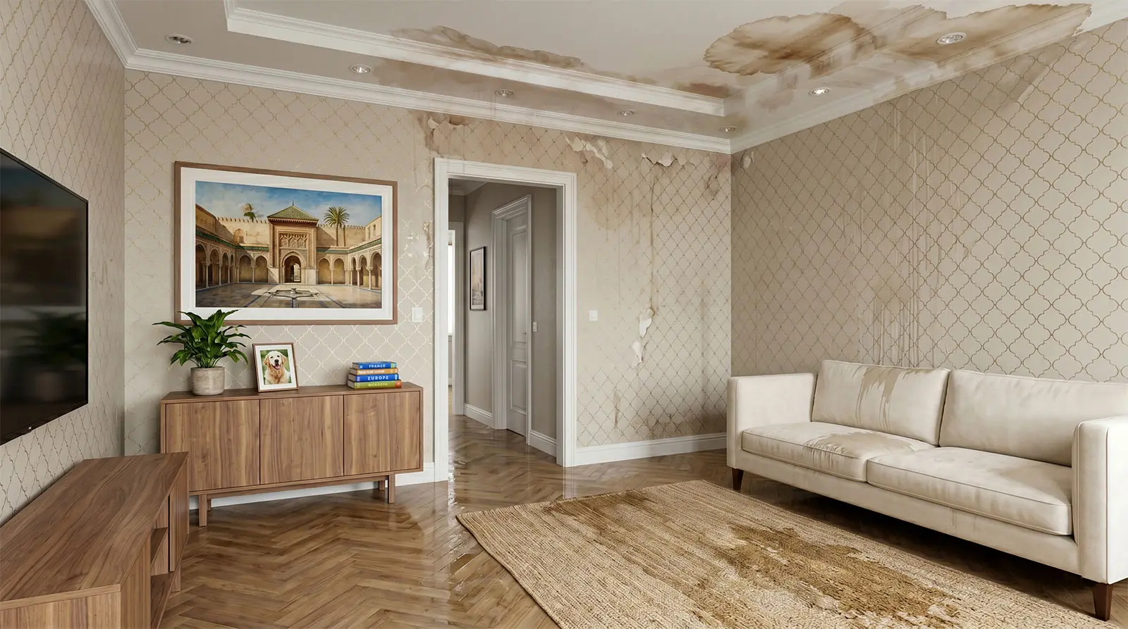 Water damage restoration NYC including wallpaper removal after apartment flooding.