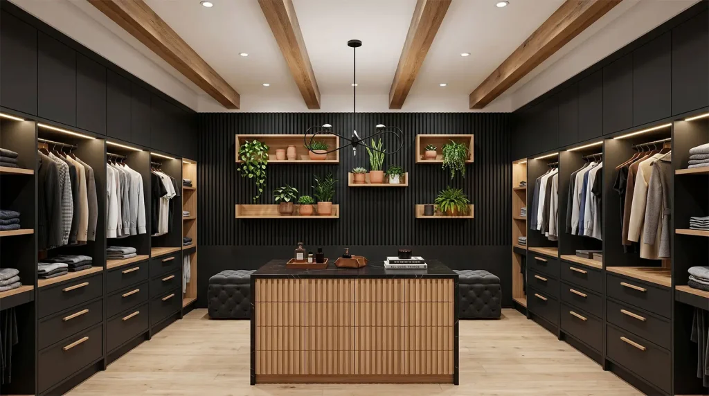 Luxury walk-in closet SoHo NYC with central island, black cabinetry and wood accents in a modern loft interior