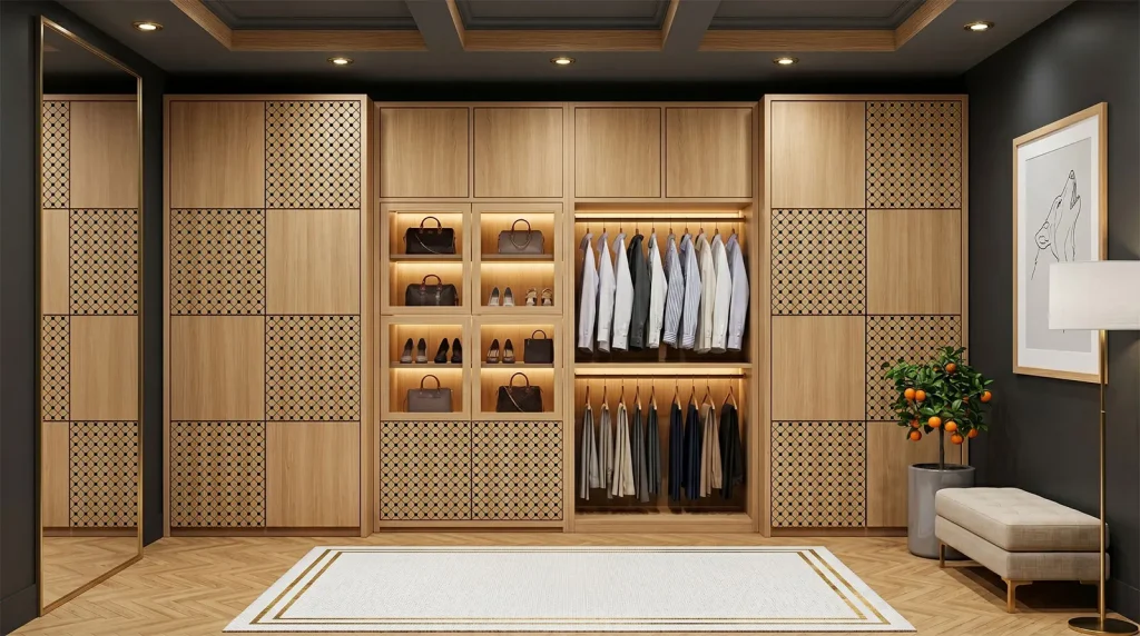 Full composition of luxury walk-in closet Upper East Side NYC with bespoke millwork, integrated lighting, and architectural symmetry