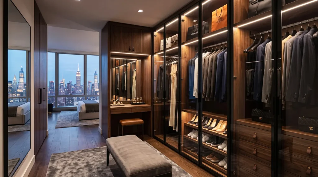 Built-in walk-in closet with bespoke millwork for a Manhattan apartment