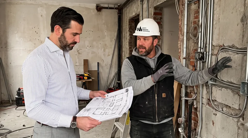 Custom millwork planning in NYC apartment renovation with contractor reviewing rough-in wiring before built-in installation
