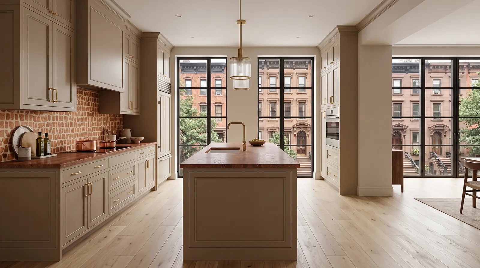 Contemporary NYC apartment kitchen with granite countertops, warm neutral cabinetry, brass hardware, a stone island and large windows.