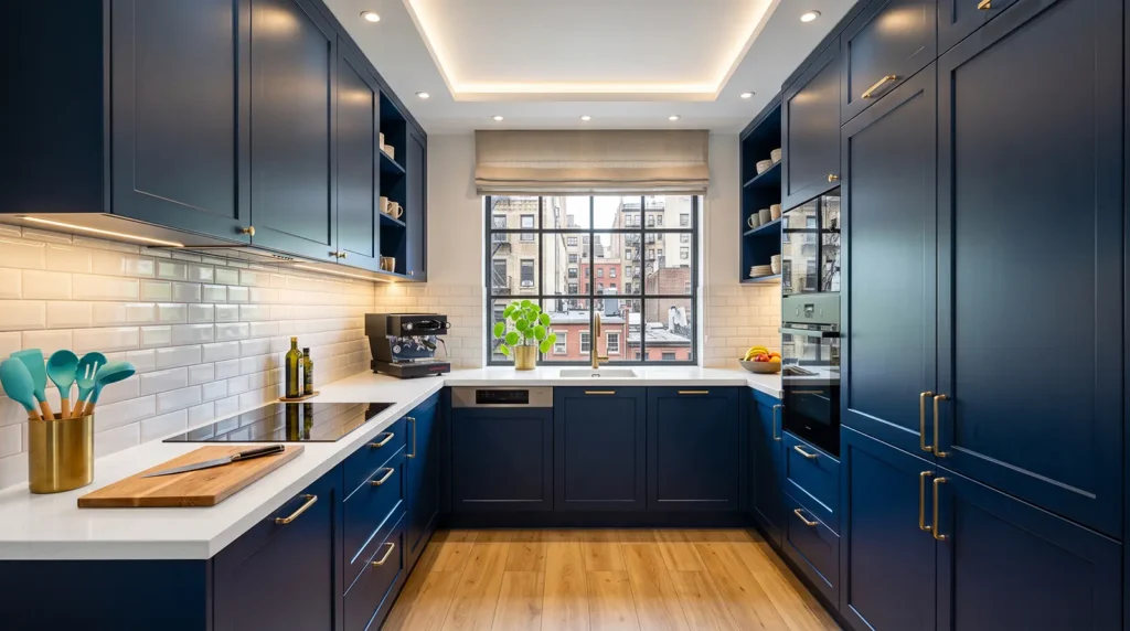 Custom kitchen storage solutions in a NYC apartment with navy full-height cabinetry, integrated appliances, drawers and under-cabinet lighting.