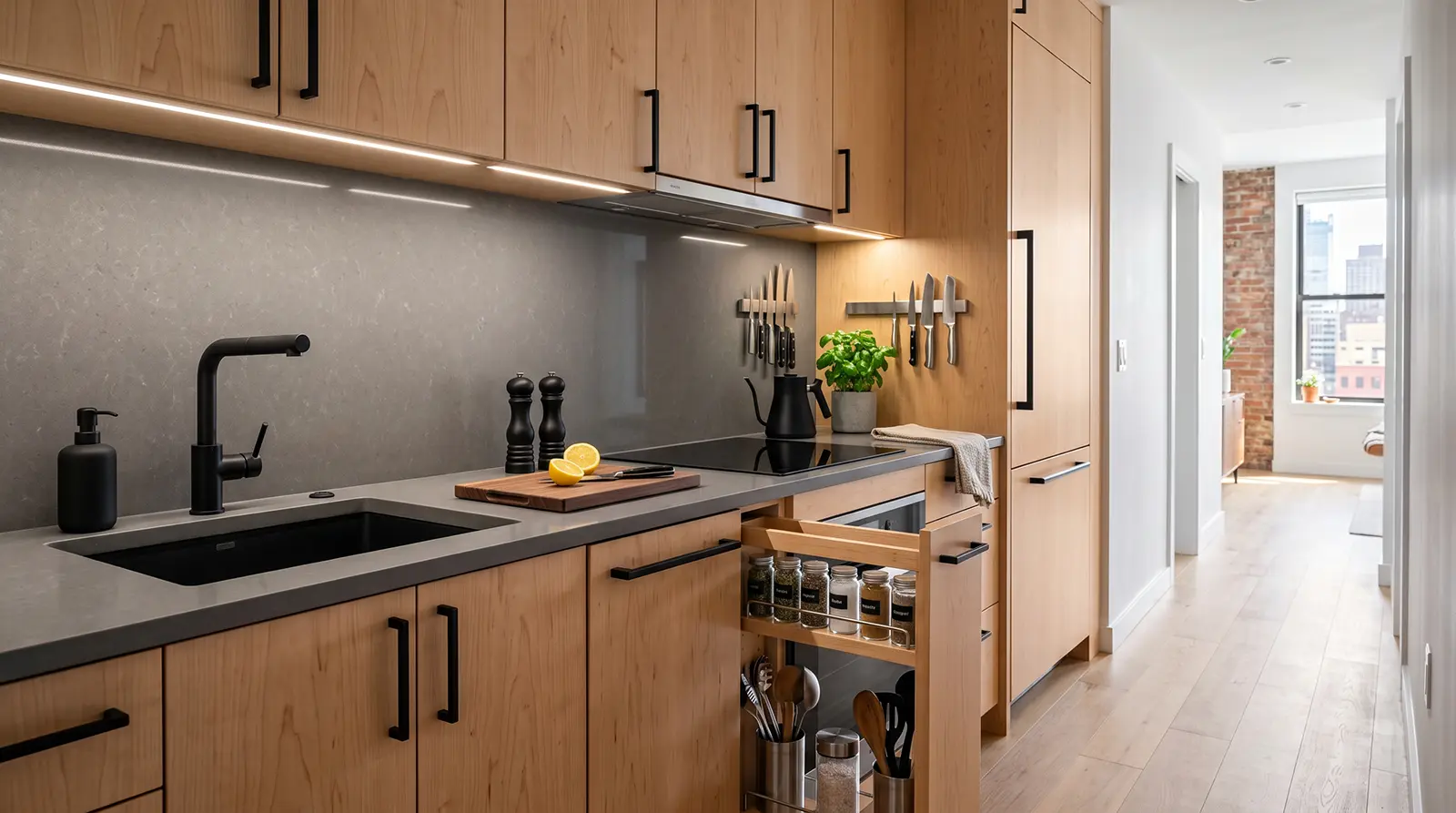 Compact apartment kitchen with gray quartz countertops, matching slab backsplash, maple cabinetry and integrated pull-out storage.