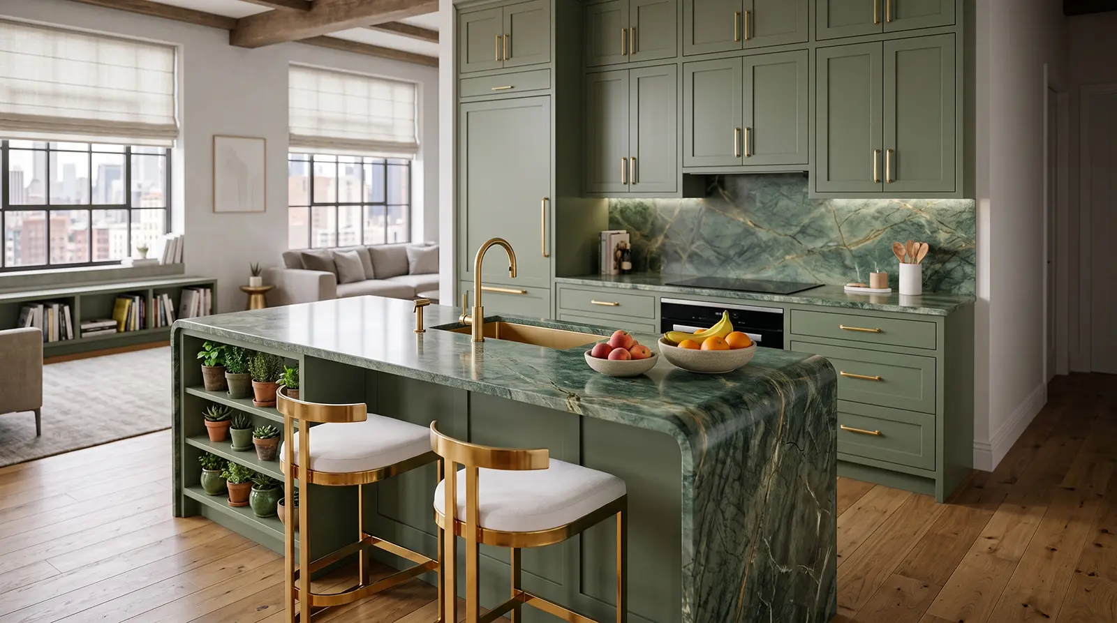 NYC apartment kitchen with green porcelain slab or sintered stone countertops, a waterfall island, full-height slab backsplash and sage green cabinetry.
