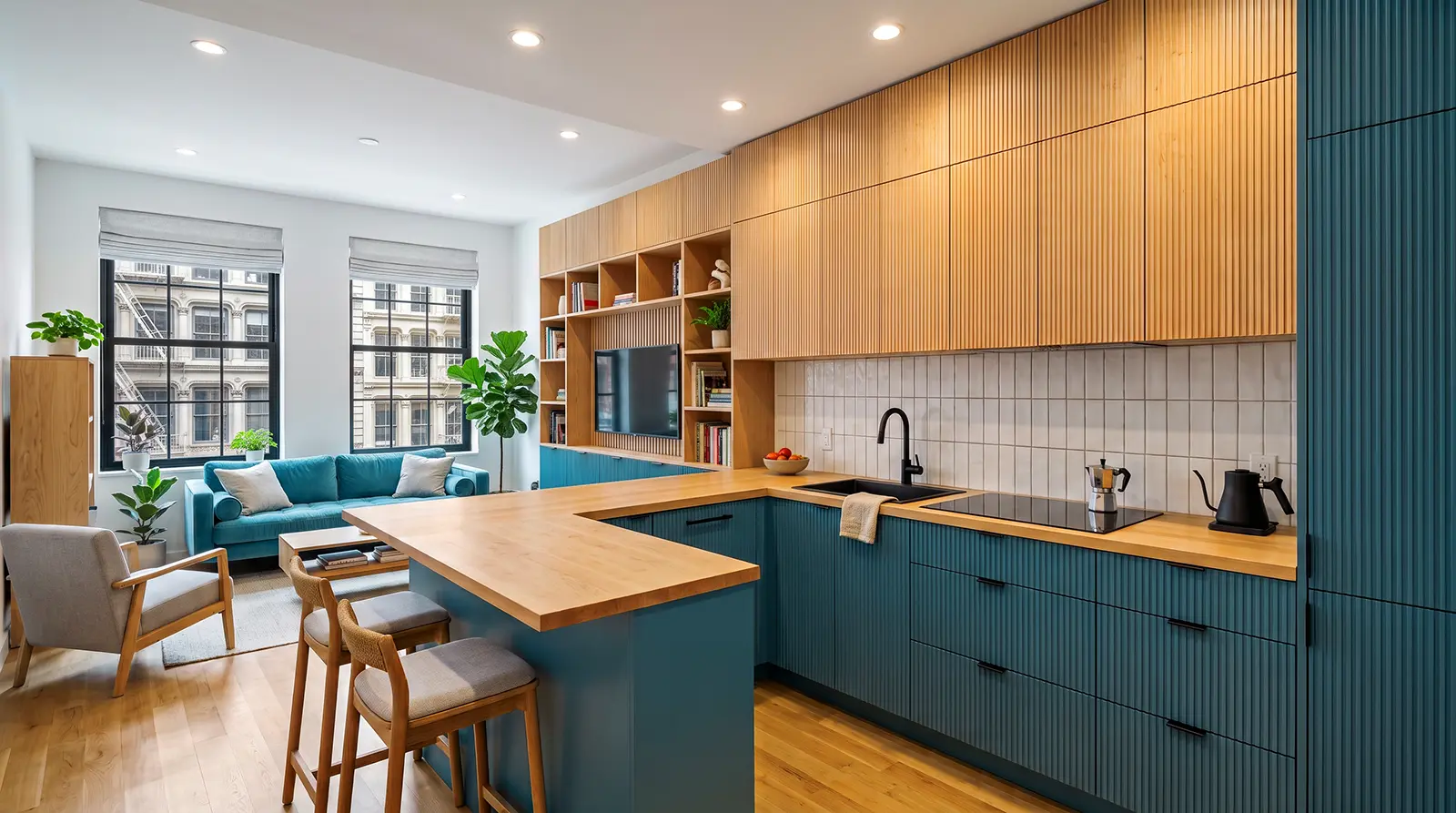 Open-plan apartment kitchen with custom millwork, integrated storage, fluted cabinet fronts, open shelving and a wood countertop island.