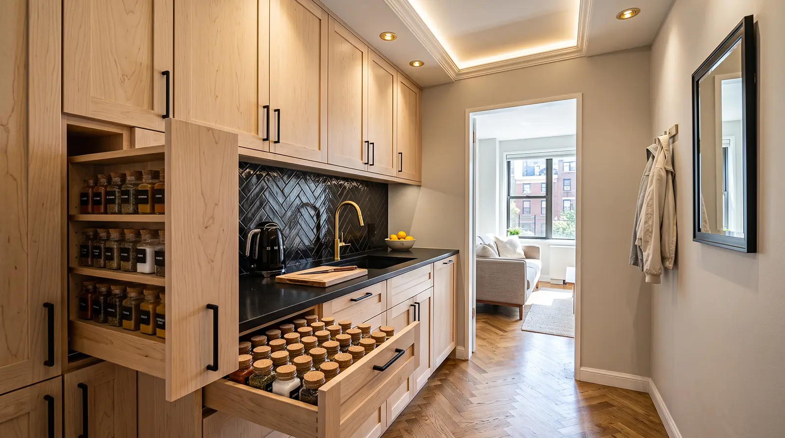 Pull-out pantry cabinets and custom drawer storage in a compact apartment kitchen with natural wood cabinetry and organized spice storage.