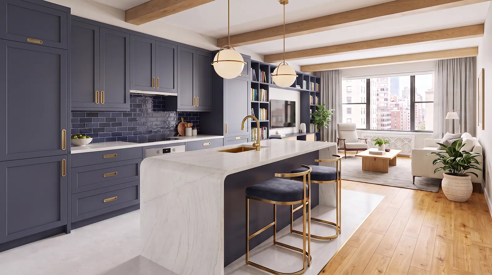 Open-plan NYC kitchen with quartzite waterfall island, light veining, blue-gray cabinetry and integrated living area.