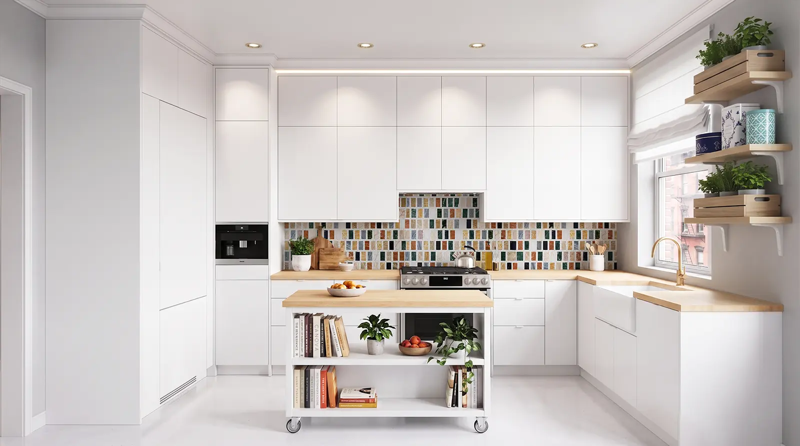 Small NYC apartment kitchen with full-height white cabinetry, compact appliances, a movable storage island and a Carlo Scarpa multicolor tile backsplash.
