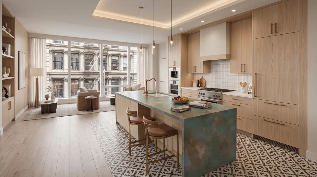NYC apartment kitchen with a dramatic stone slab waterfall island, light wood cabinetry, integrated appliances and open living space.