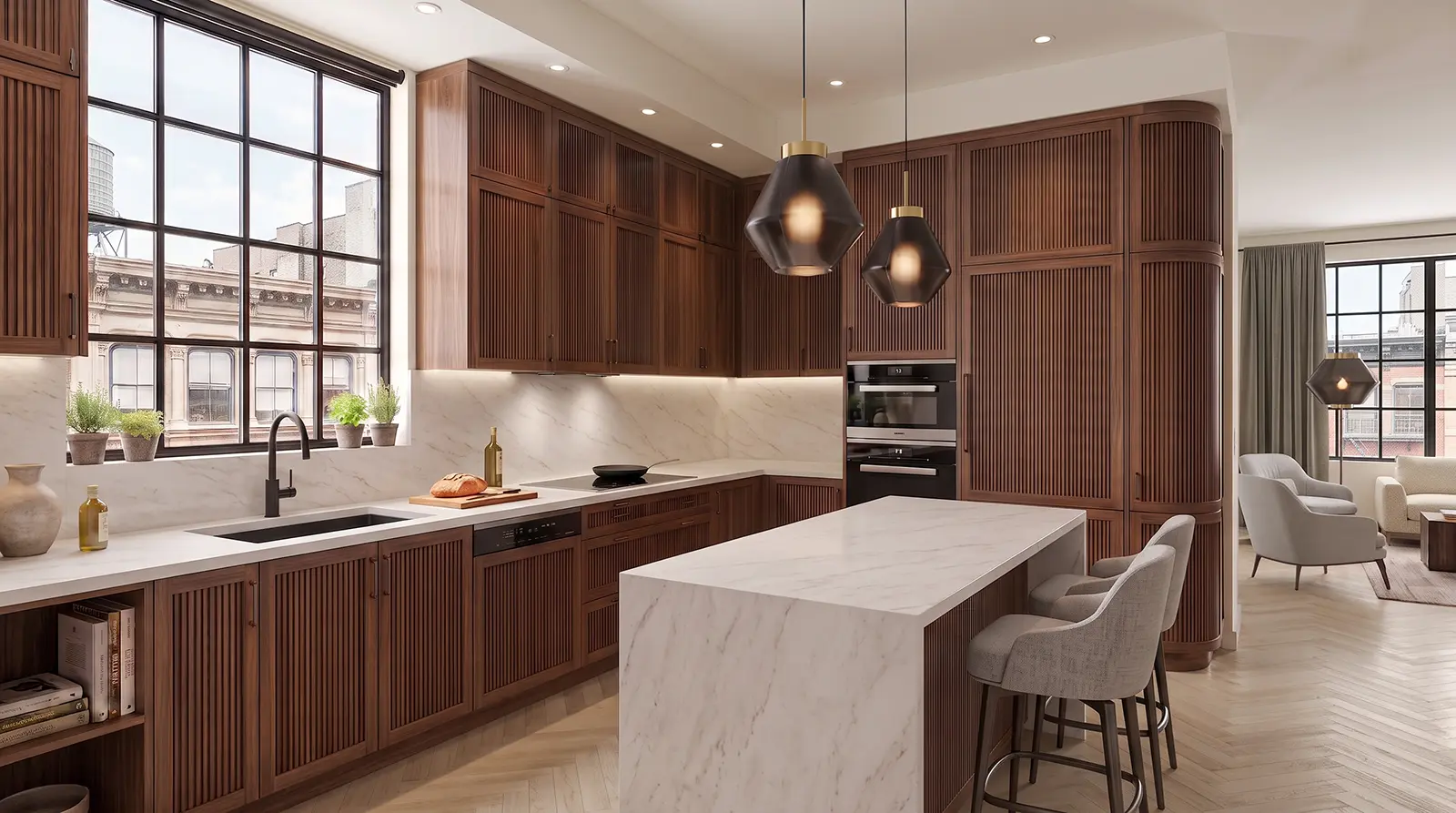 Open NYC apartment kitchen with white marble countertops, waterfall island, slab backsplash and walnut custom cabinetry.