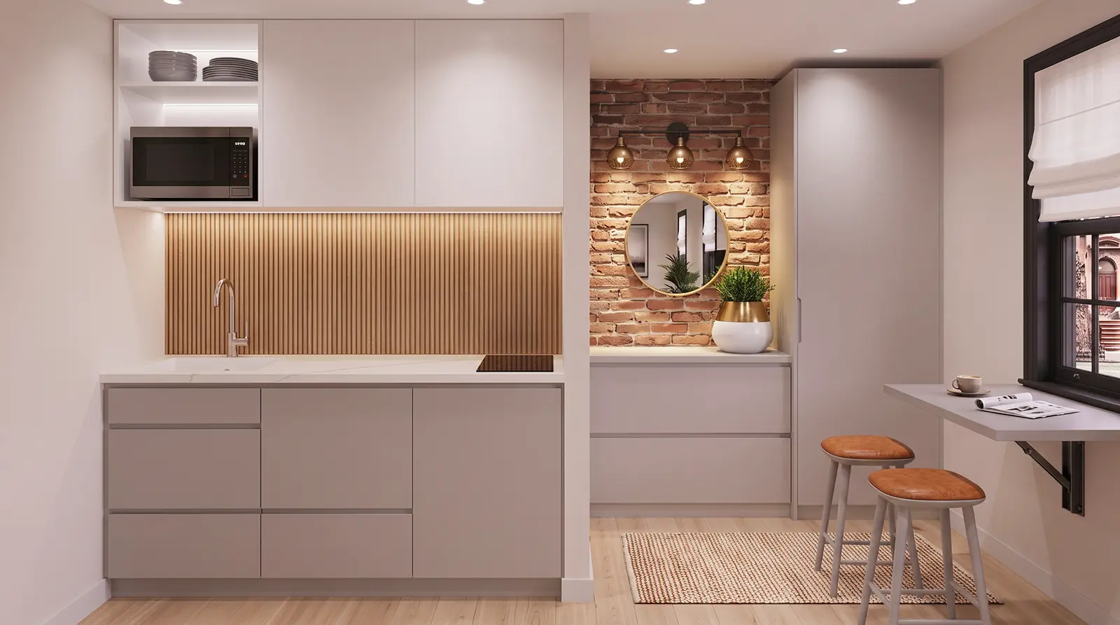 Kitchenette ideas for studio apartments in NYC with compact cabinetry, upper-shelf microwave, two-burner induction cooktop and fold-down dining table.