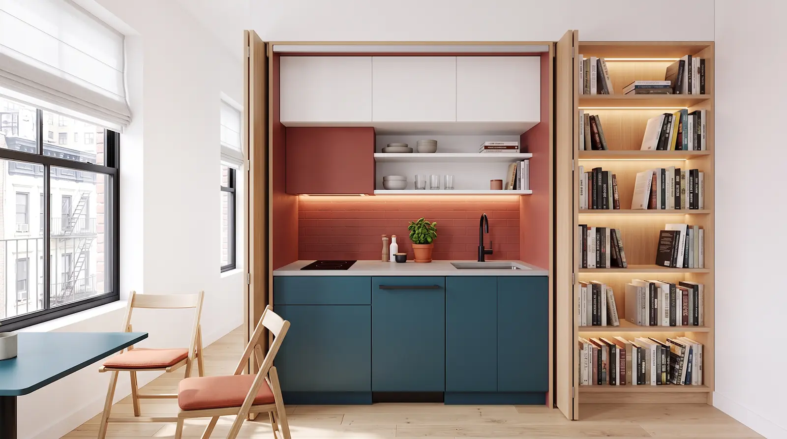 Kitchenette ideas for studio apartments in New York City with concealed cabinet doors, compact appliances and integrated shelving.