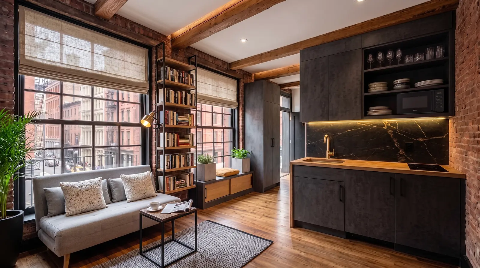 SoHo micro loft kitchenette with concrete-look fronts, black veined quartz backsplash, wood countertops, matching storage furniture and exposed brick.