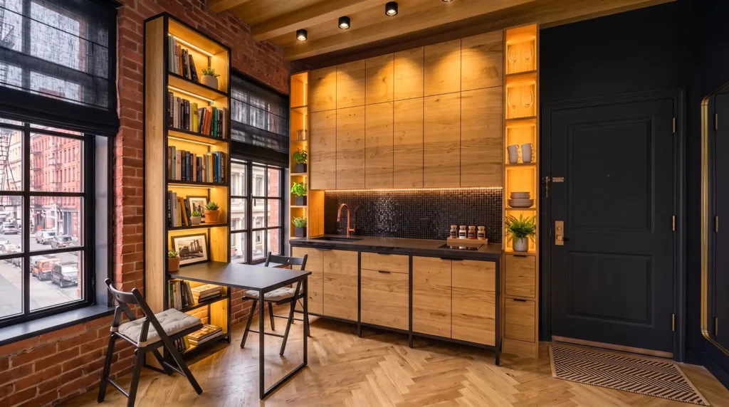 Kitchenette ideas for studio apartments in a SoHo micro loft with one-wall wood cabinetry, black polished quartz countertops, ceramic mosaic backsplash and folding dining table.