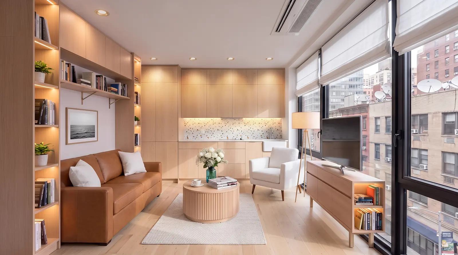 Manhattan studio apartment kitchenette with European flat-panel cabinets, integrated appliances, hidden storage, warm wood millwork and open living space.