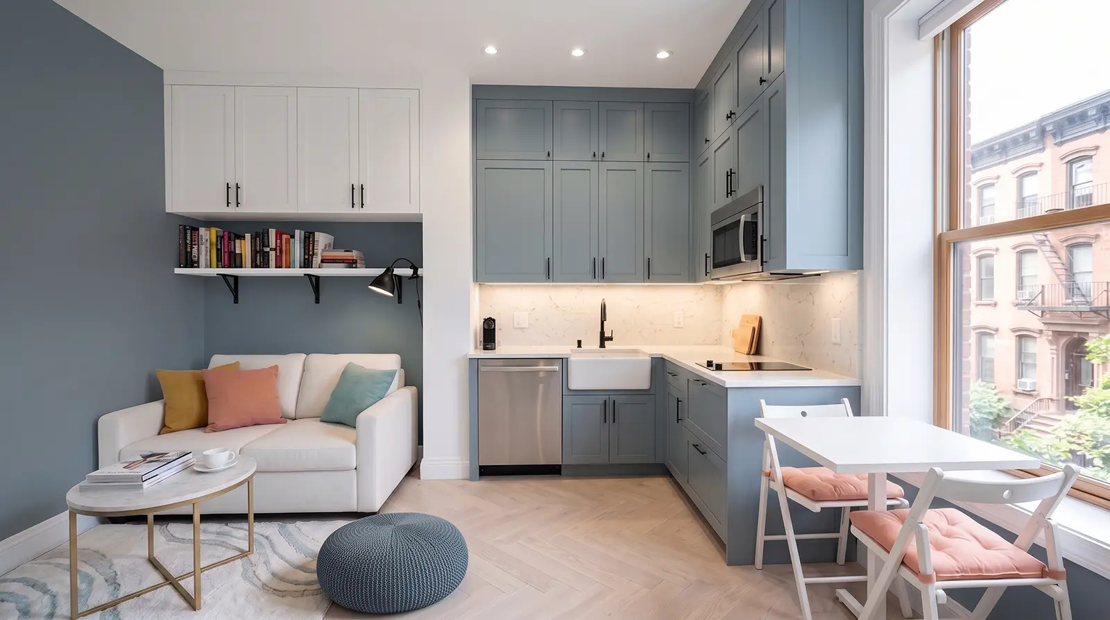 Kitchenette ideas for studio apartments in Manhattan with slim shaker cabinets, compact appliances, marble-look backsplash, farmhouse sink and open living area.