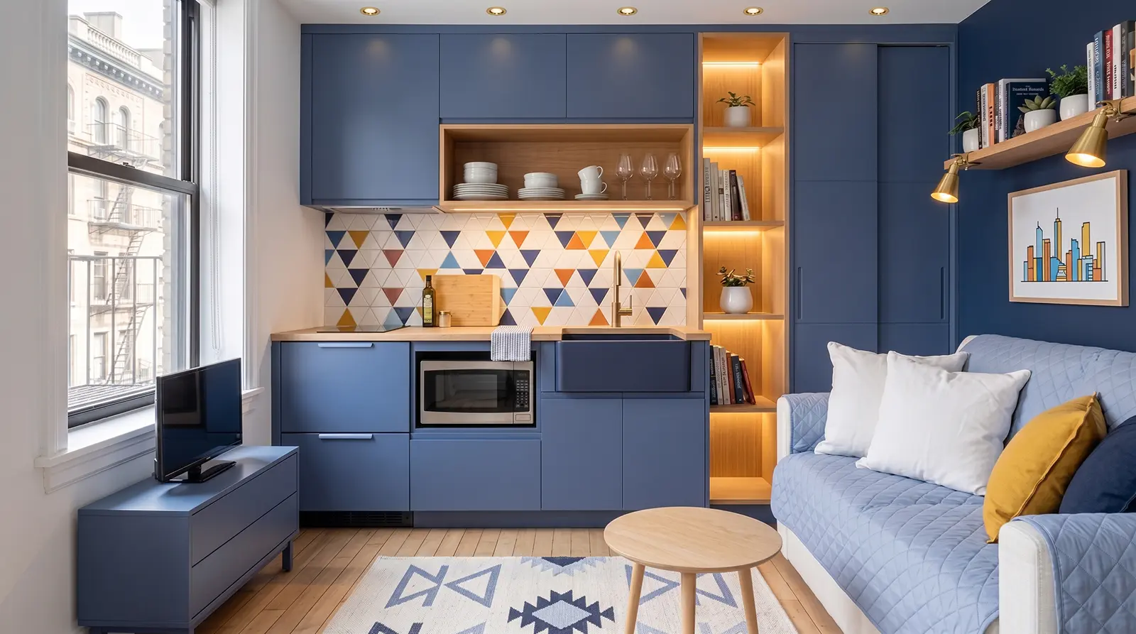 Kitchenette ideas for studio apartments in Manhattan with compact appliances, blue flat-panel cabinetry, geometric tile backsplash and integrated storage.