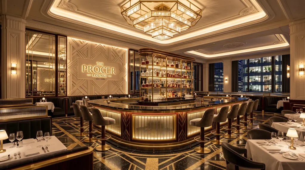Restaurant build-out NYC front-of-house interior with a central bar, dining seating, durable finishes, layered lighting and custom wall detailing.