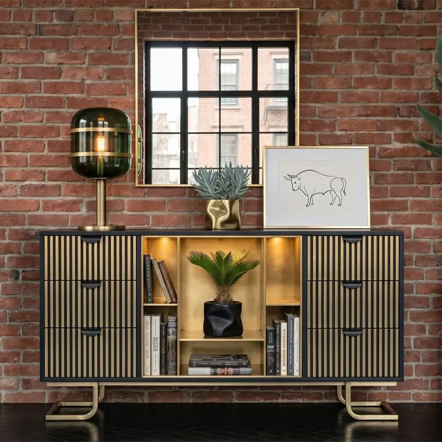 Bespoke millwork NYC custom sideboard cabinet in a Manhattan interior, featuring integrated storage, warm lighting, and architectural wood detailing