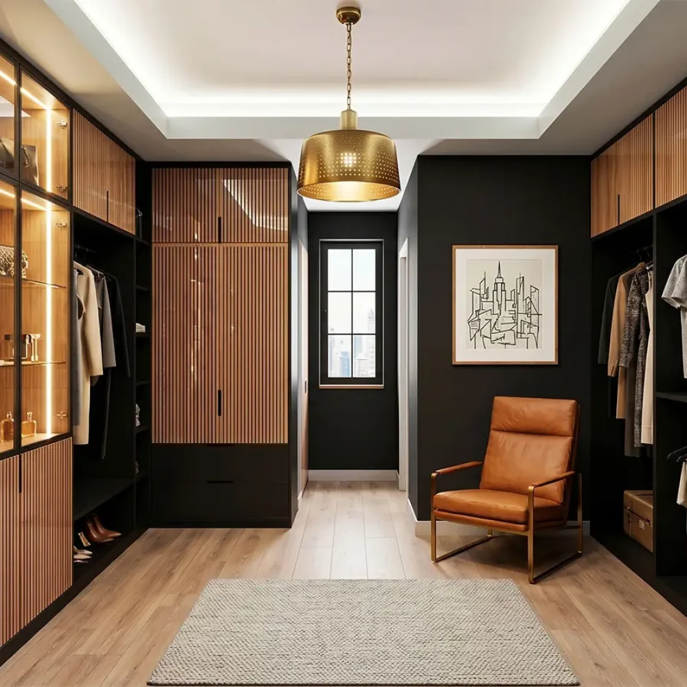Bespoke millwork NYC walk-in closet with integrated wardrobes, custom cabinetry, and tailored storage designed for a Manhattan apartment