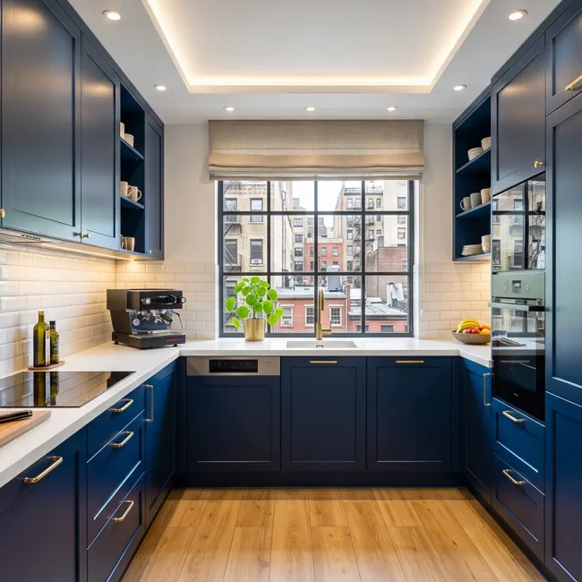 Custom kitchen storage solutions in a NYC apartment with navy full-height cabinetry, integrated appliances, drawers and under-cabinet lighting.