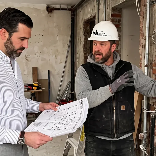 Custom millwork planning in NYC apartment renovation with contractor reviewing rough-in wiring before built-in installation
