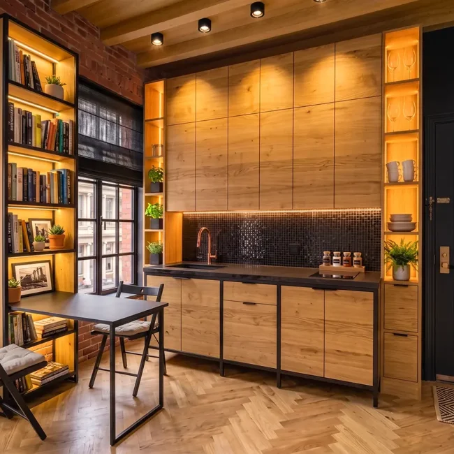 Kitchenette ideas for studio apartments in a SoHo micro loft with one-wall wood cabinetry, black polished quartz countertops, ceramic mosaic backsplash and folding dining table.