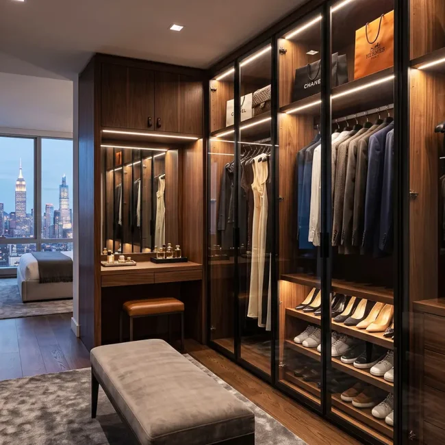 Built-in walk-in closet with bespoke millwork for a Manhattan apartment