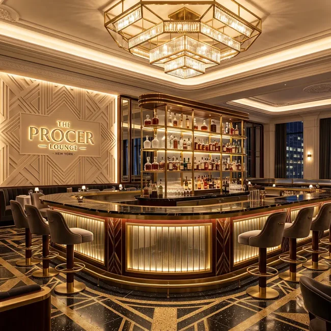 Restaurant build-out NYC front-of-house interior with a central bar, dining seating, durable finishes, layered lighting and custom wall detailing.